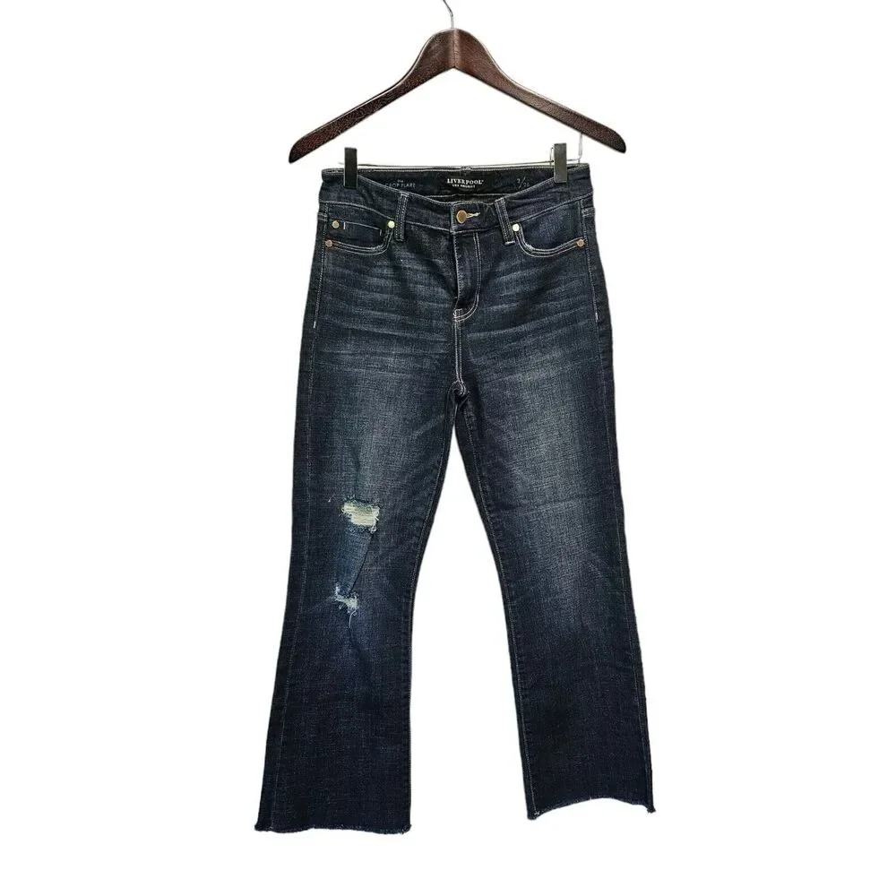 Liverpool‎ The Crop Flare Jeans 2/26 Fray Hem Dark Wash High Rise - Picture 6 of 6